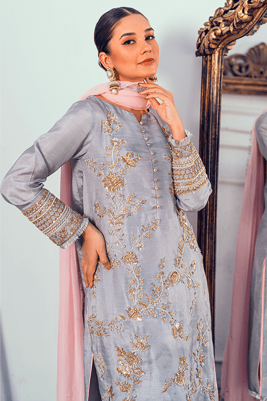 Pakistani Grey Zardozi PK Raw Silk Straight Suit (3-Piece) - Image 4