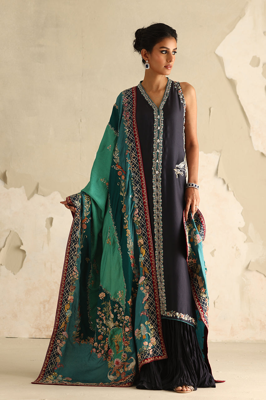 Pakistani Deep Grey Zardozi Raw Silk Kurta Set (3-Piece) - Image 1