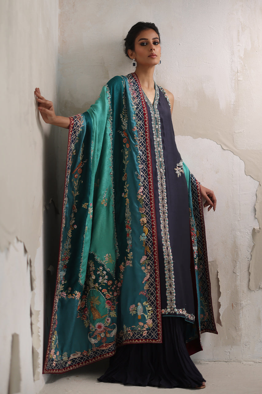 Pakistani Deep Grey Zardozi Raw Silk Kurta Set (3-Piece) - Image 7