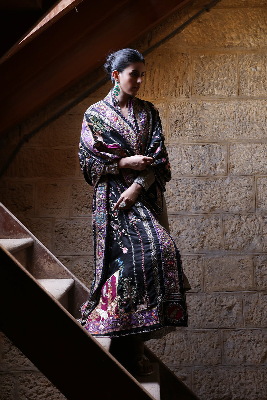 Pakistani Light Grey Zardozi Raw Silk Kurta Set (3-Piece) - Image 6