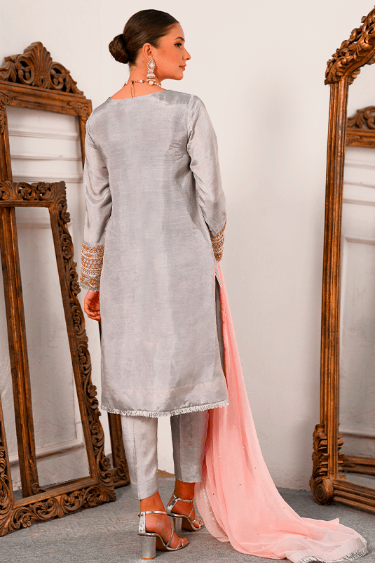 Pakistani Grey Zardozi PK Raw Silk Straight Suit (3-Piece) - Image 1