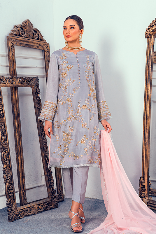 Pakistani Grey Zardozi PK Raw Silk Straight Suit (3-Piece) - Image 2