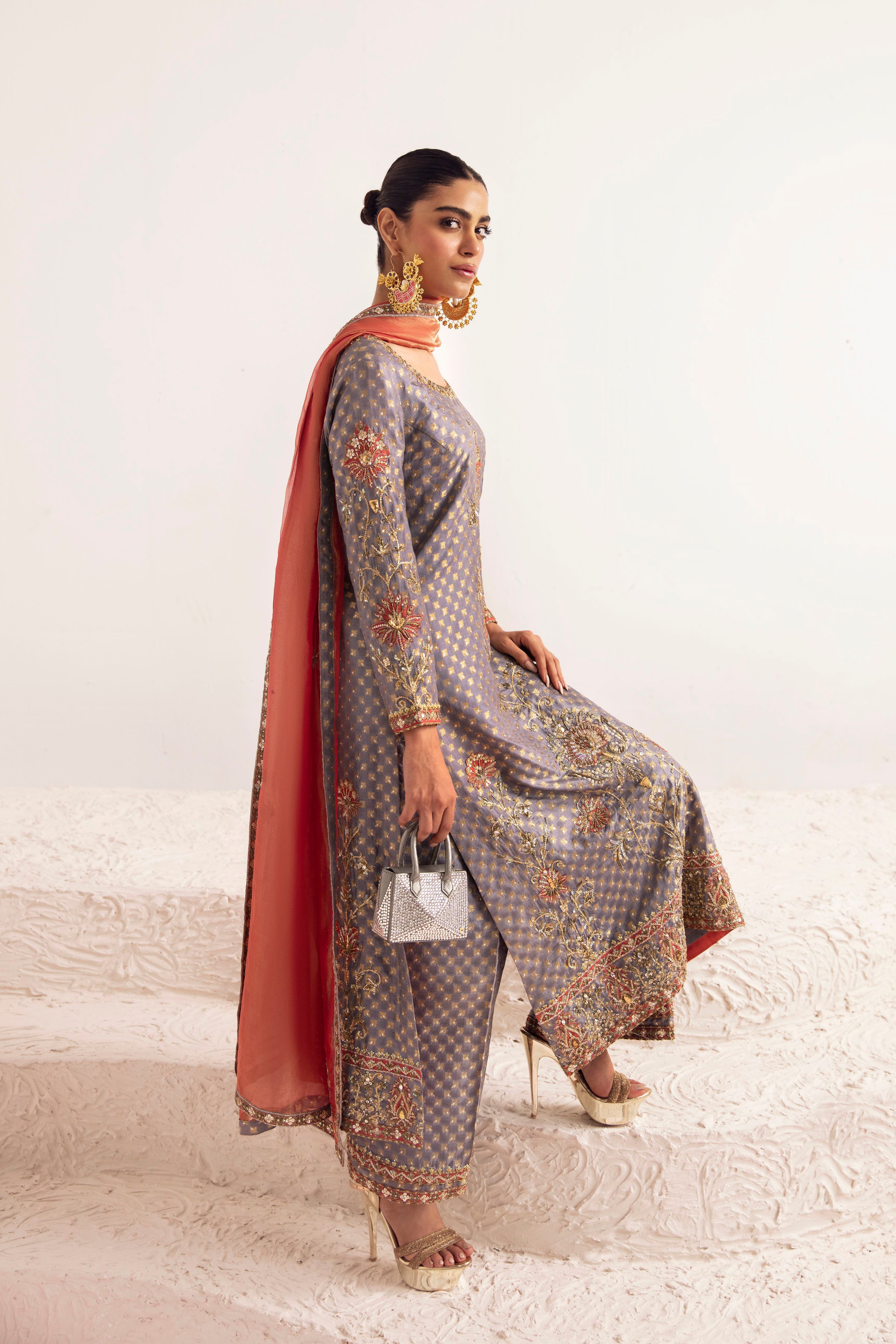 Pakistani Porpoise Grey Zardozi Silk Jamawar Salwar Kameez (3-Piece) - Image 1