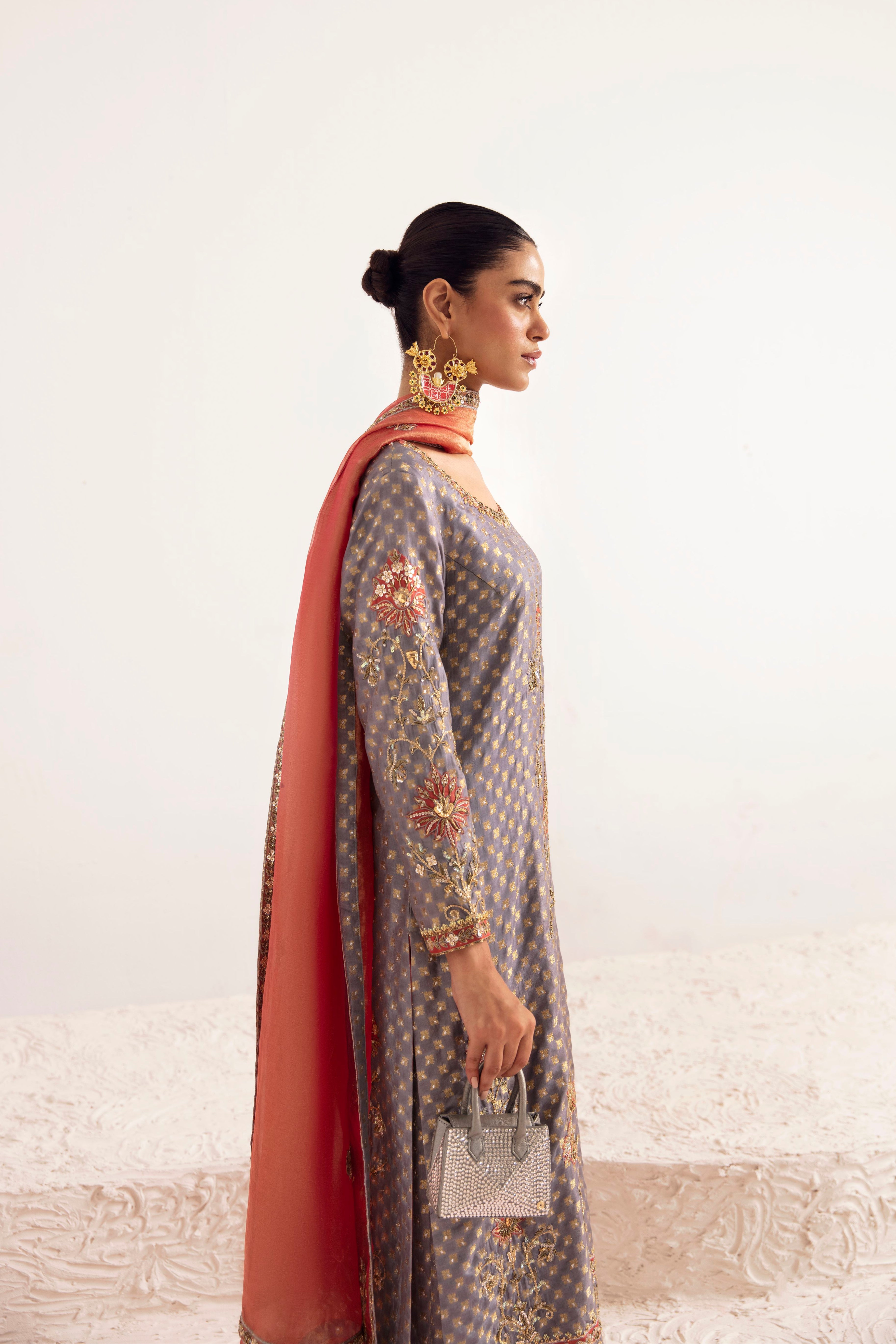 Pakistani Porpoise Grey Zardozi Silk Jamawar Salwar Kameez (3-Piece) - Image 3