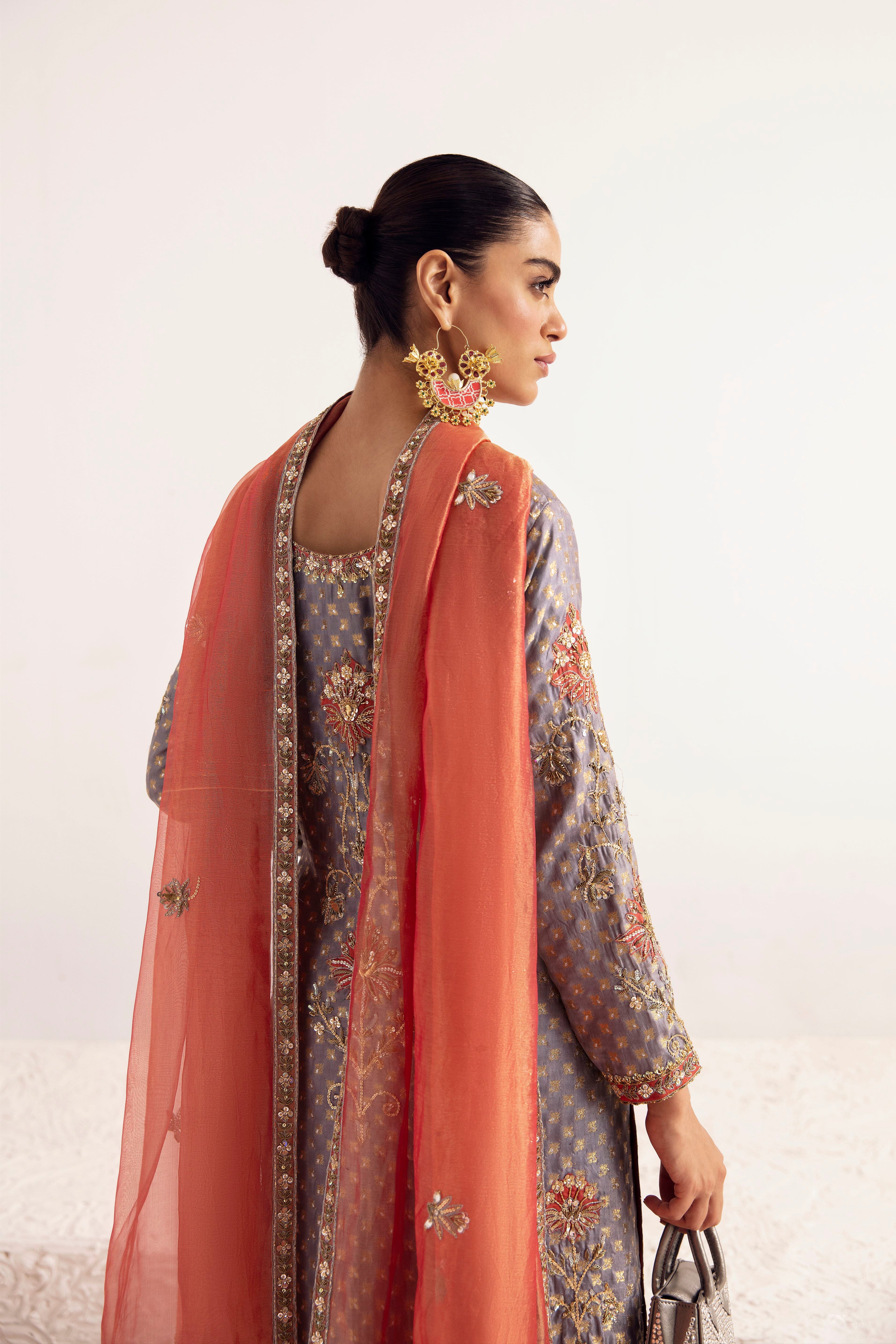 Pakistani Porpoise Grey Zardozi Silk Jamawar Salwar Kameez (3-Piece) - Image 5