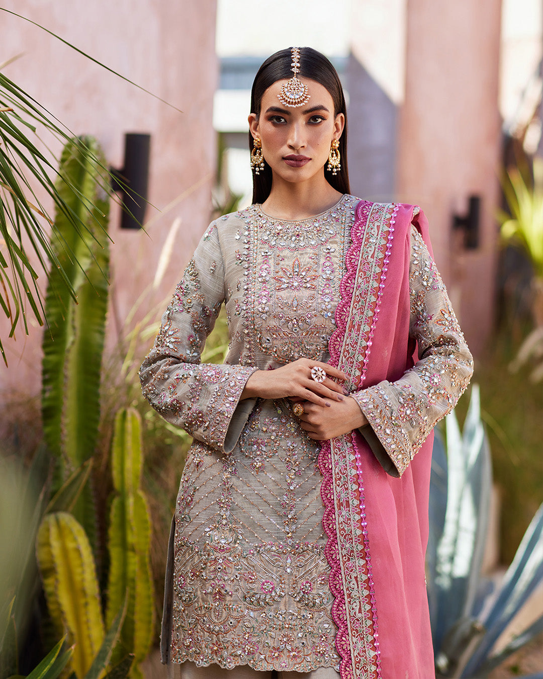 Grey Embroidered Slub Cotton Net Salwar Kameez (3-Piece) - Image 3