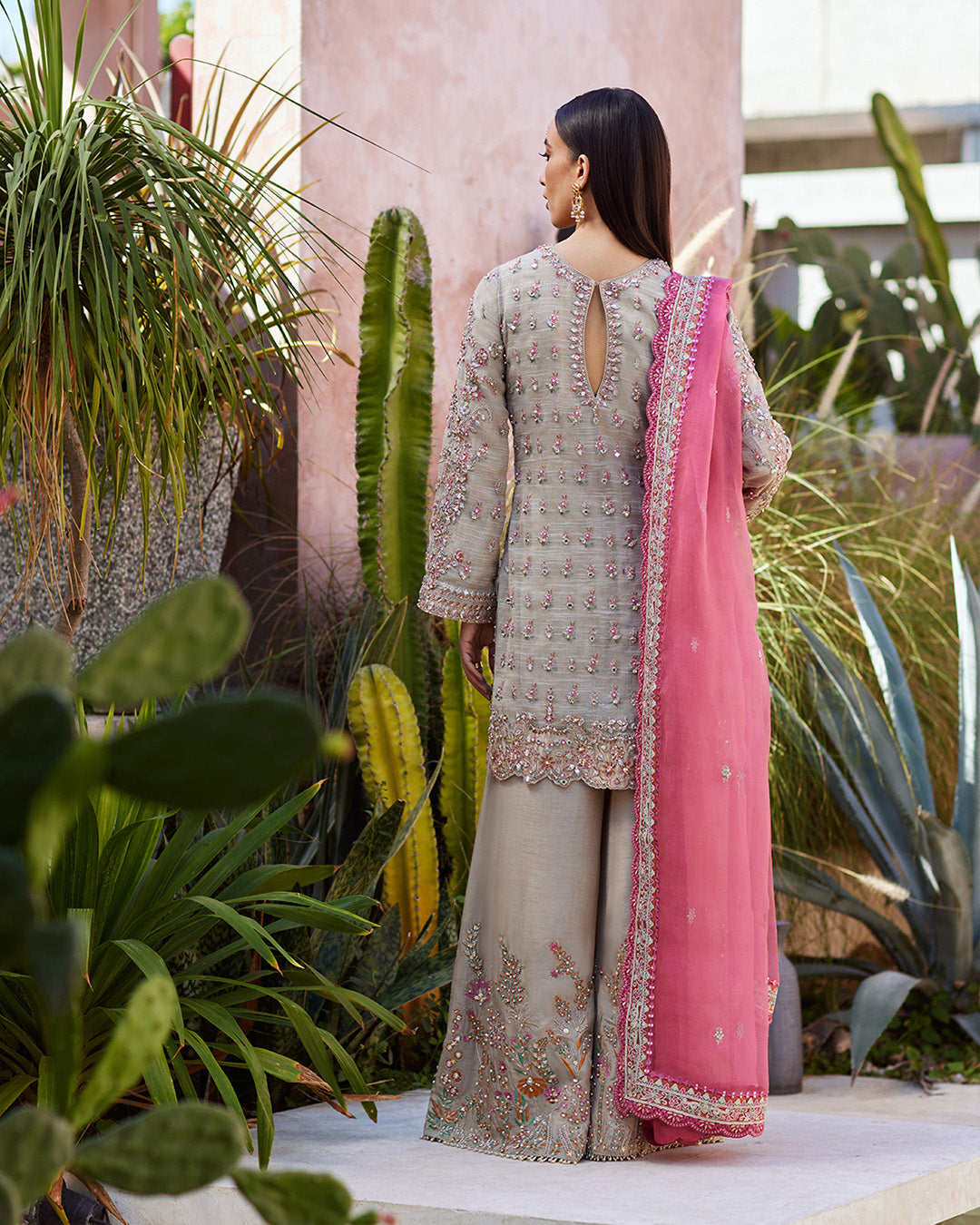 Pakistani Grey & Pink Embroidered Slub Cotton Net Salwar Kameez (3-Piece) - Image 4