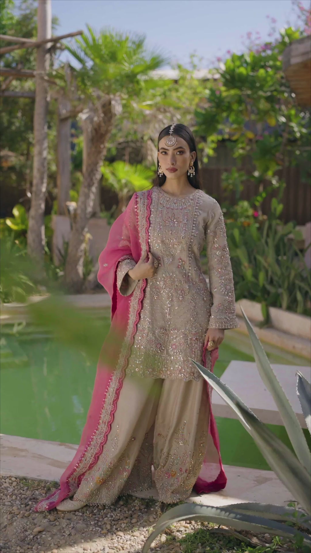 Pakistani Grey & Pink Embroidered Slub Cotton Net Salwar Kameez (3-Piece) - Image 7