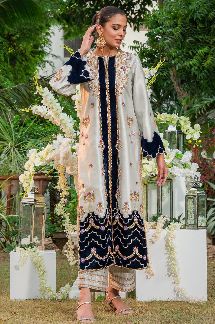 Metallic Grey Embroidered Tissue Jacket & Culottes (2-Piece) - Image 1