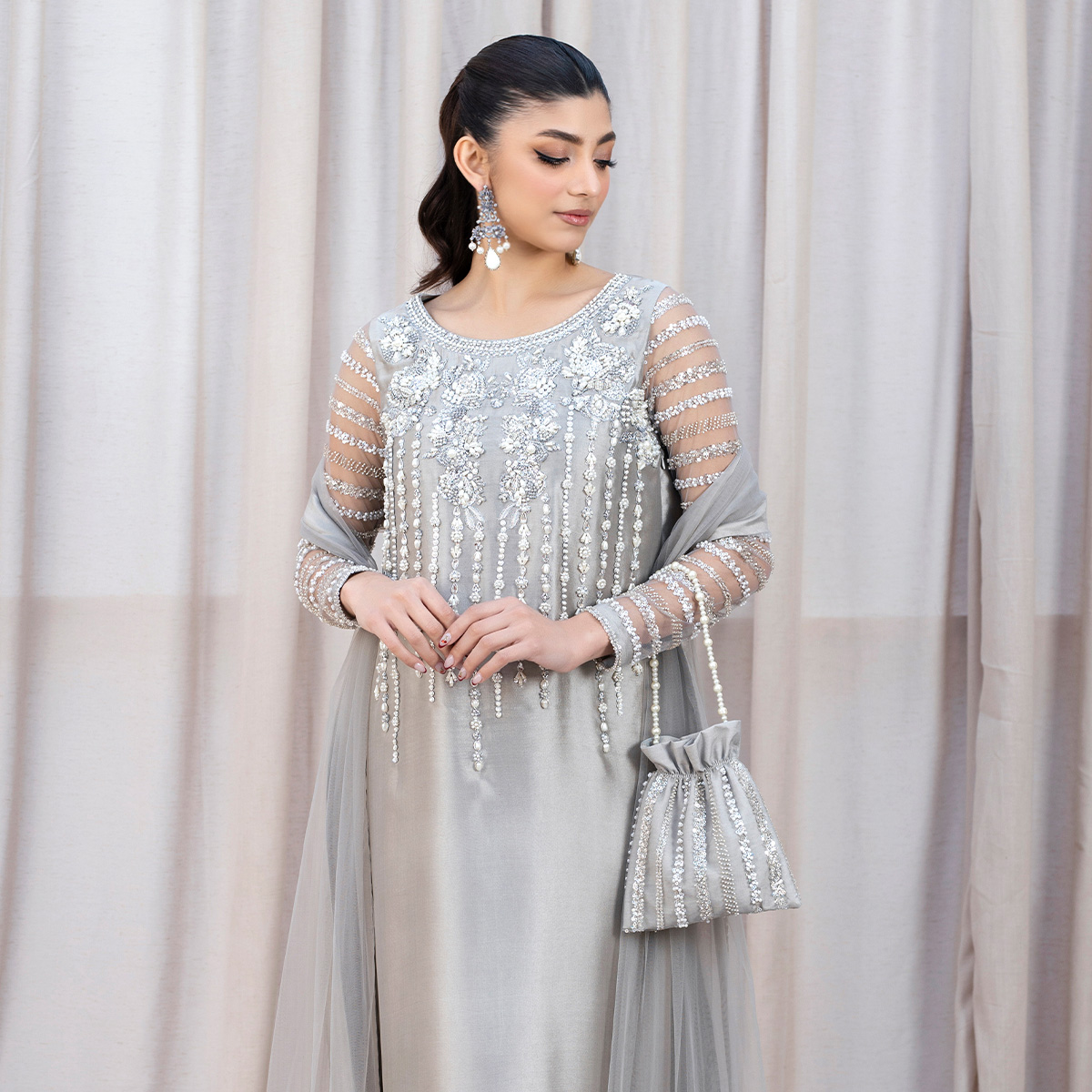 Pearl Grey Hand Embellished Tissue Silk Straight Suit (4-Piece) - Image 1