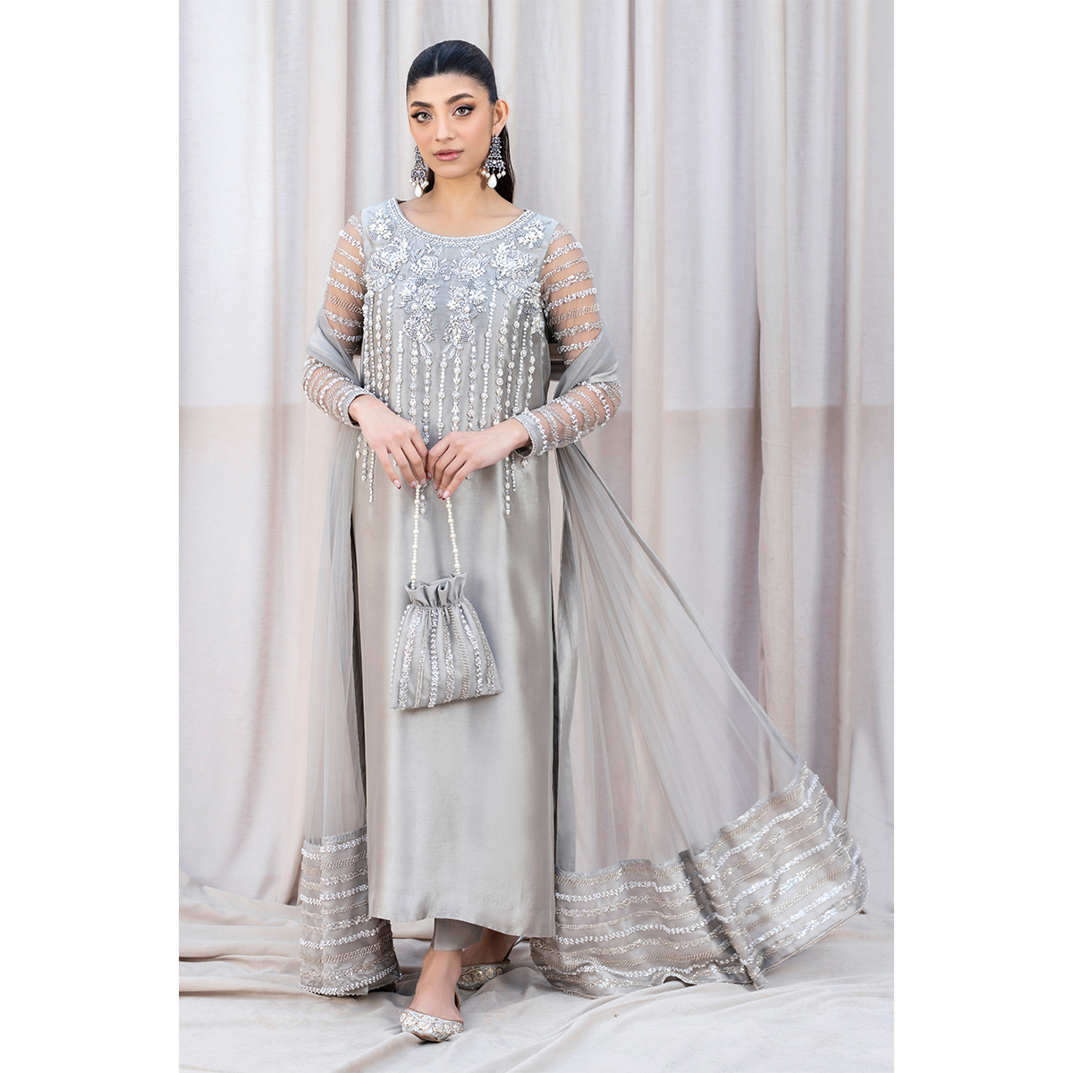 Pearl Grey Hand Embellished Tissue Silk Straight Suit (4-Piece) - Image 2
