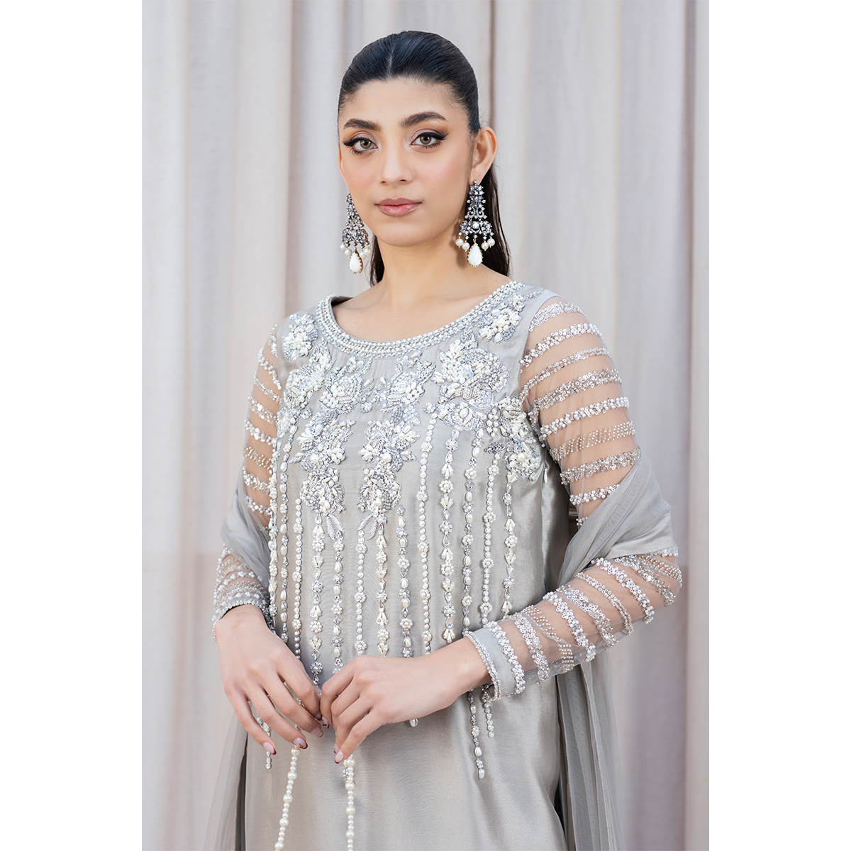 Pearl Grey Hand Embellished Tissue Silk Straight Suit (4-Piece) - Image 3