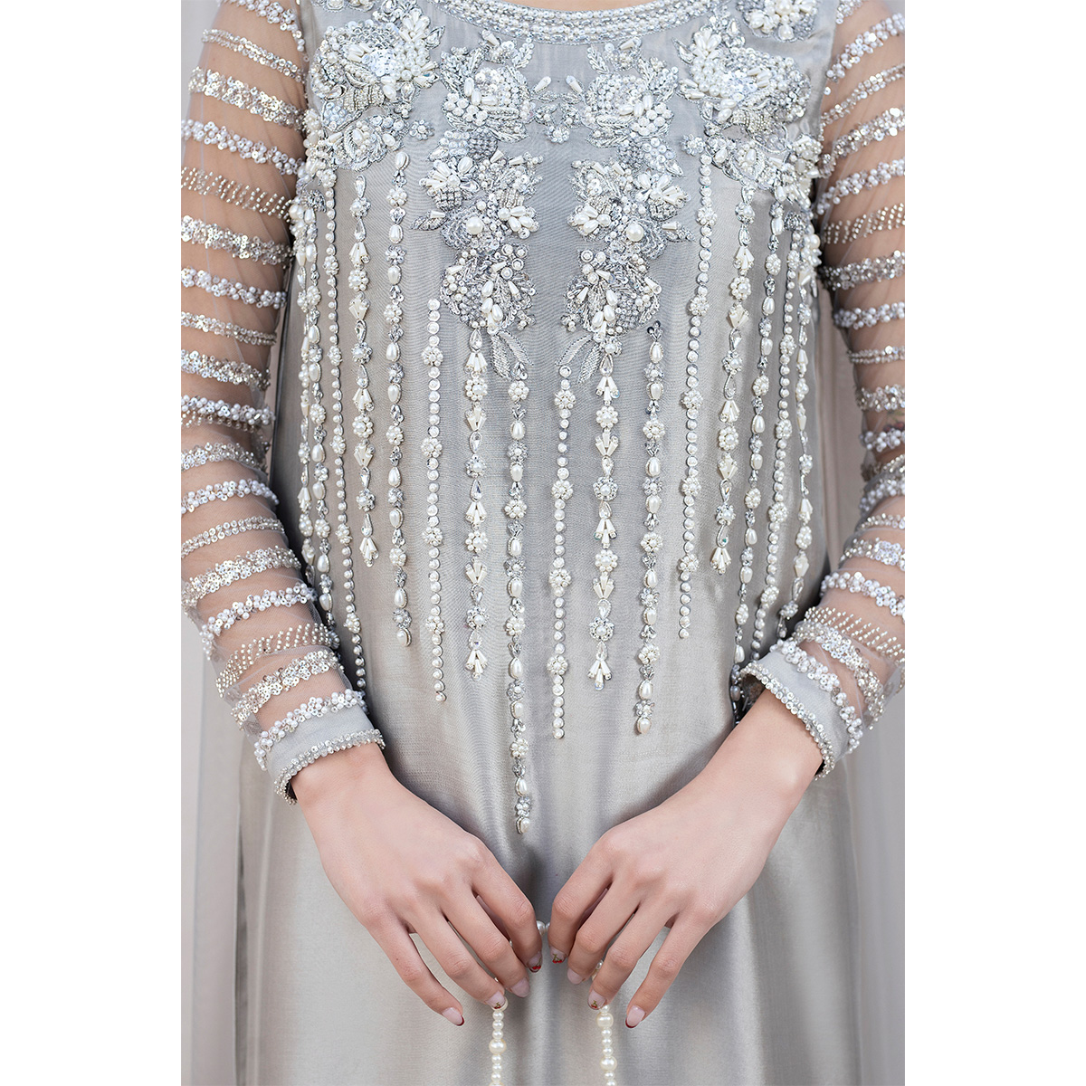 Pearl Grey Hand Embellished Tissue Silk Straight Suit (4-Piece) - Image 4