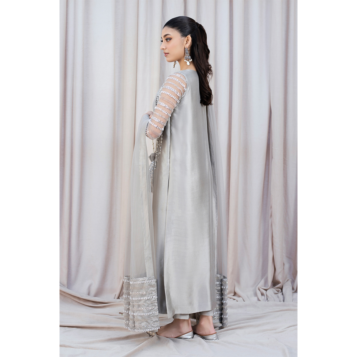 Pearl Grey Hand Embellished Tissue Silk Straight Suit (4-Piece) - Image 5
