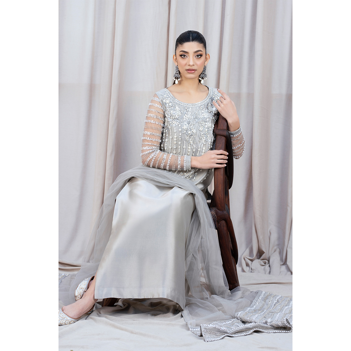Pearl Grey Hand Embellished Tissue Silk Straight Suit (4-Piece) - Image 6