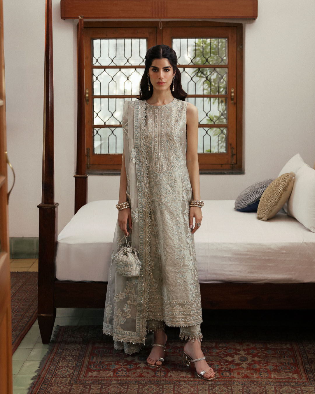 Light Stone Grey Embroidered Tissue Salwar Kameez (3-Piece) - Image 1