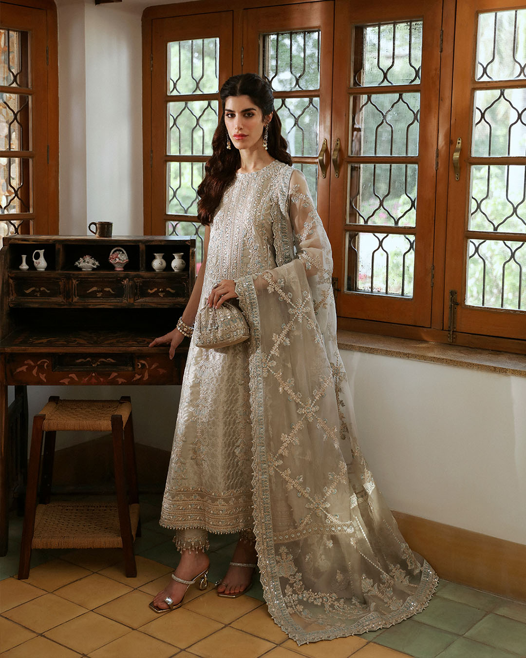 Light Stone Grey Embroidered Tissue Salwar Kameez (3-Piece) - Image 5