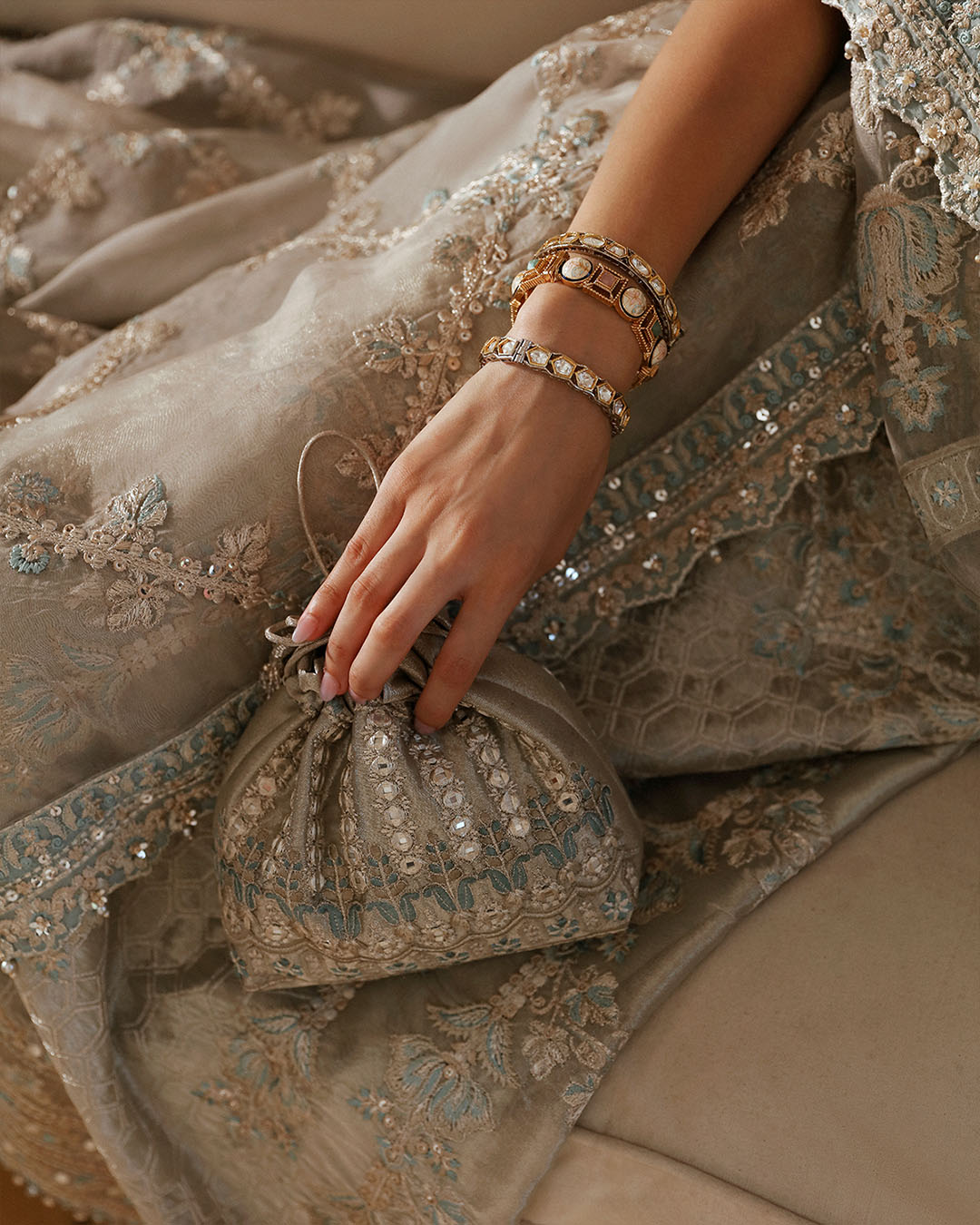 Light Stone Grey Embroidered Tissue Salwar Kameez (3-Piece) - Image 6