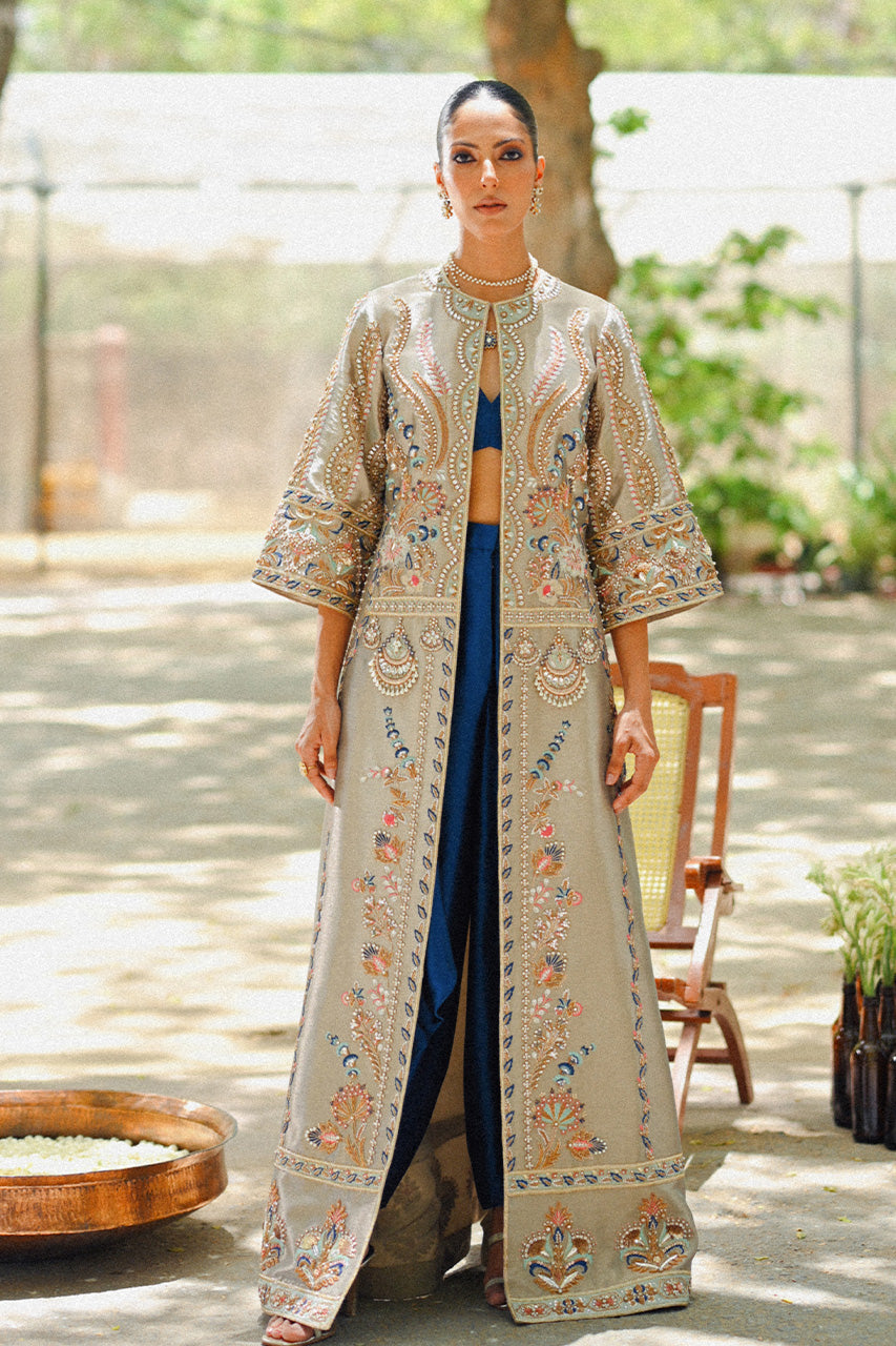 Pakistani Slate Grey Zardozi Tissue Jacket 3-Piece - Image 1