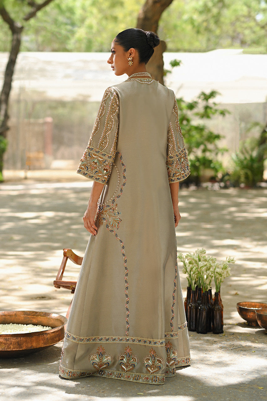 Pakistani Slate Grey Zardozi Tissue Jacket 3-Piece - Image 2