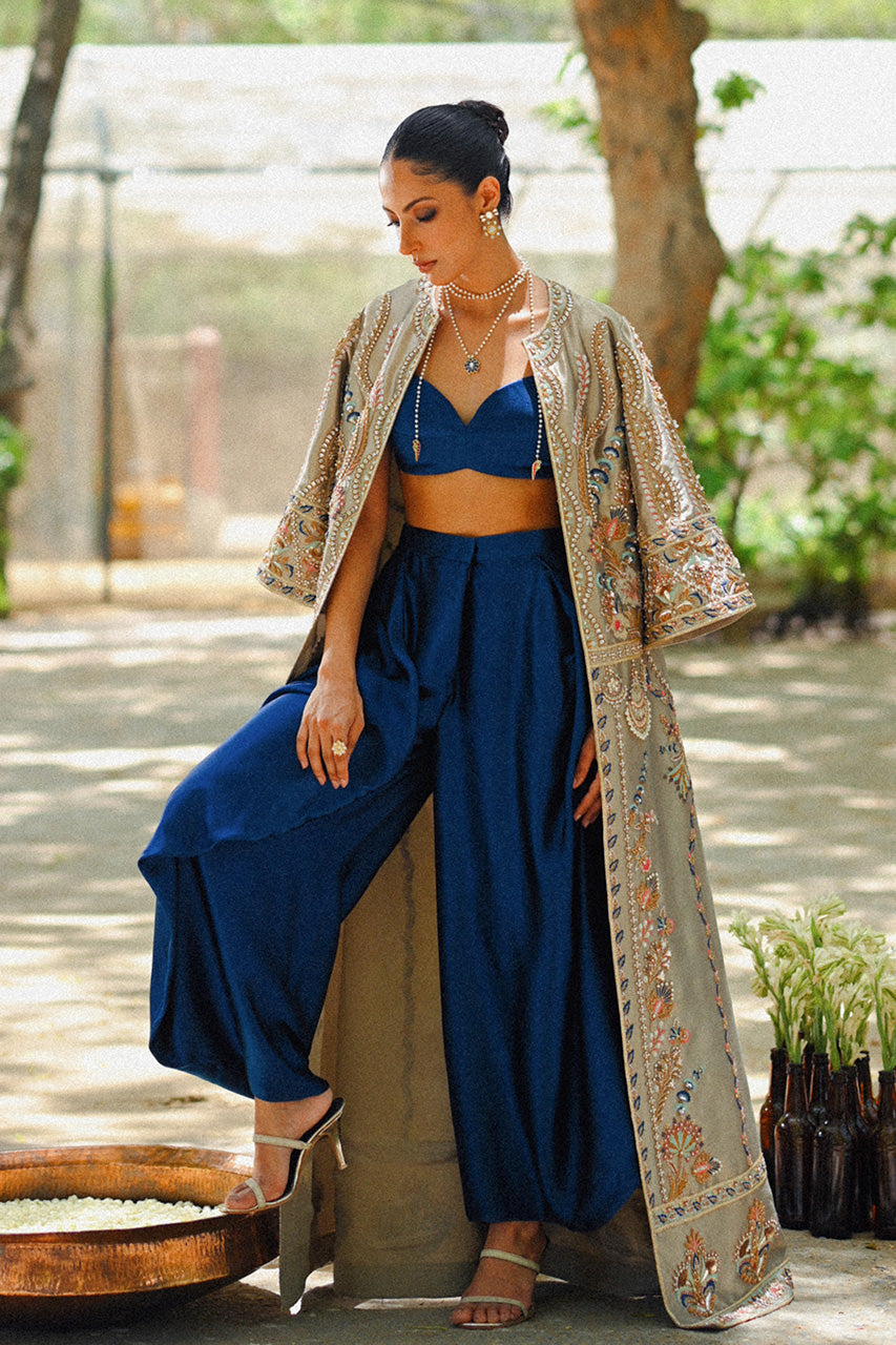 Pakistani Slate Grey Zardozi Tissue Jacket 3-Piece - Image 3