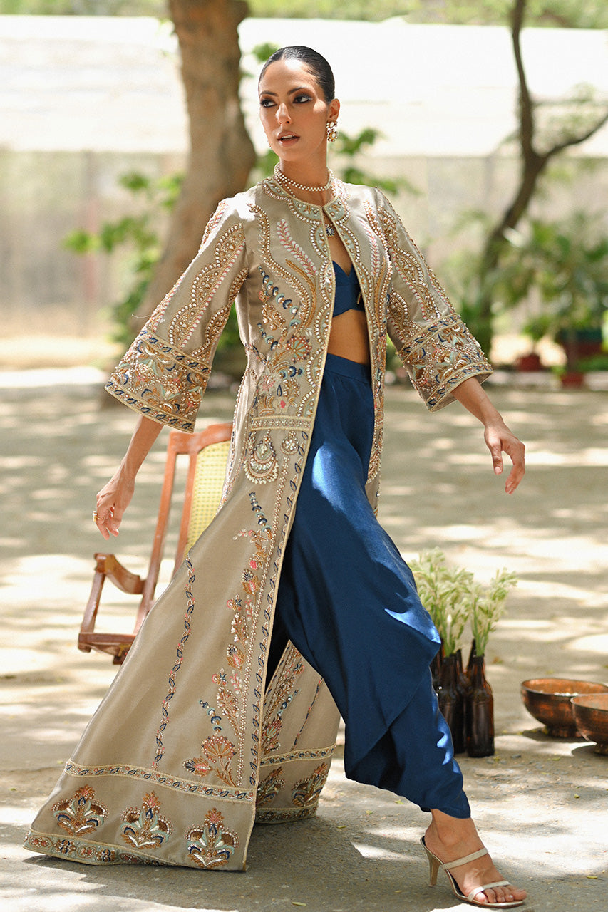 Pakistani Slate Grey Zardozi Tissue Jacket 3-Piece - Image 4