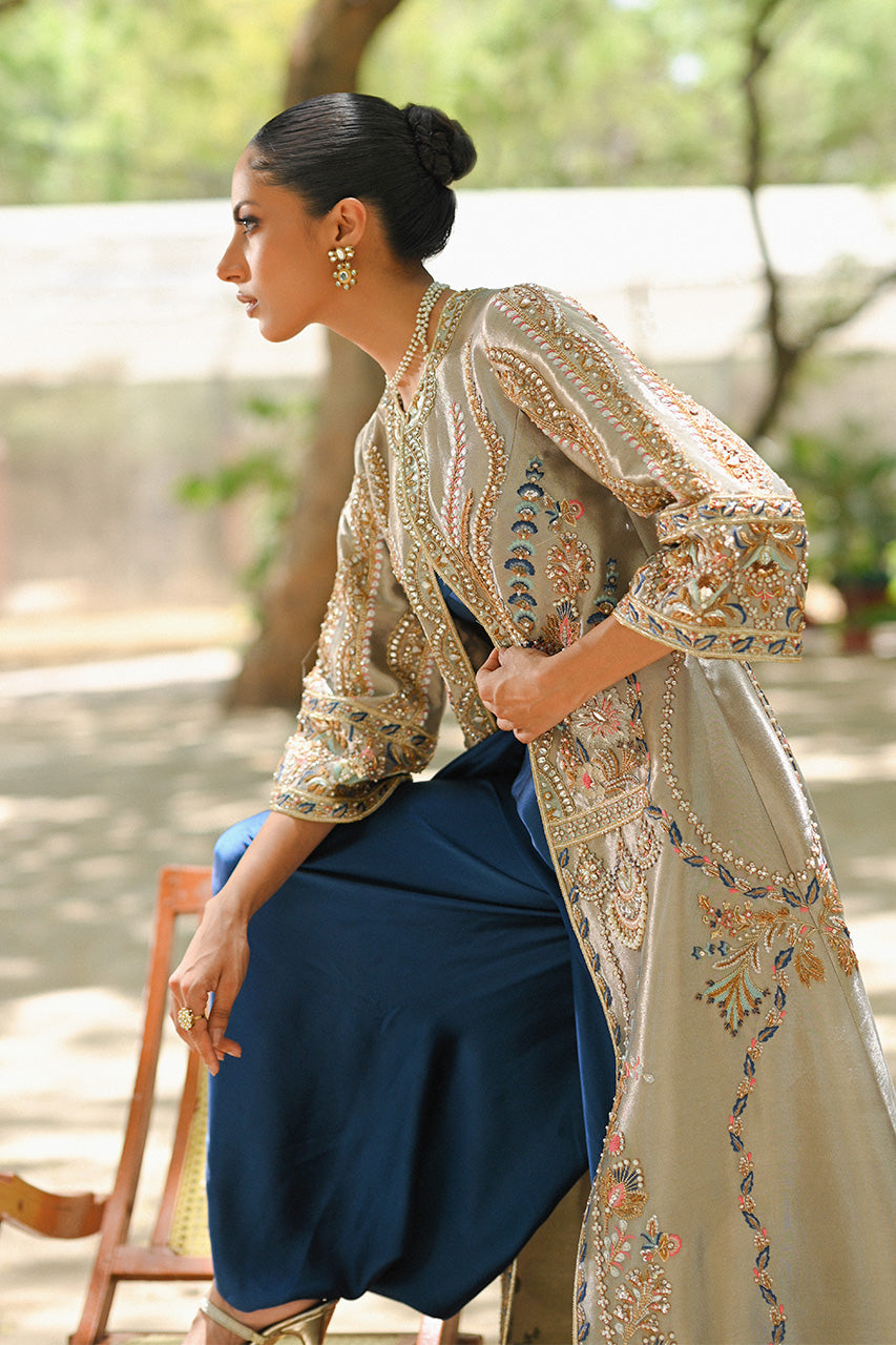 Pakistani Slate Grey Zardozi Tissue Jacket 3-Piece - Image 5