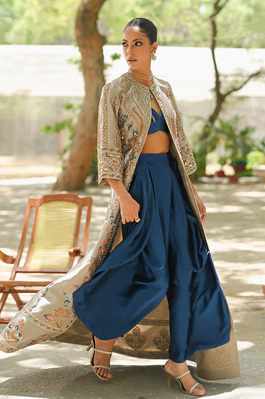 Pakistani Slate Grey Zardozi Tissue Jacket 3-Piece - Image 6