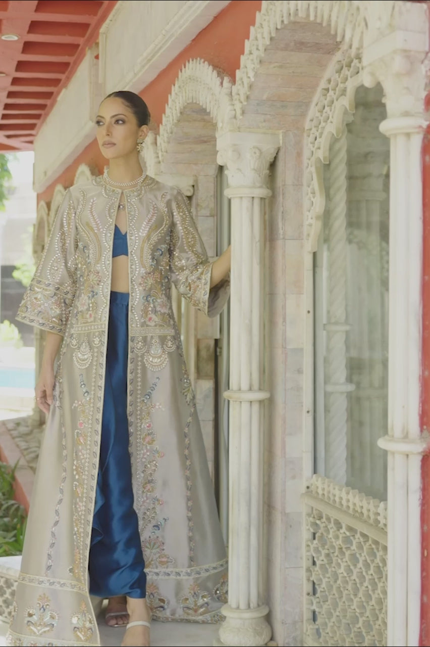 Pakistani Slate Grey Zardozi Tissue Jacket 3-Piece - Image 7