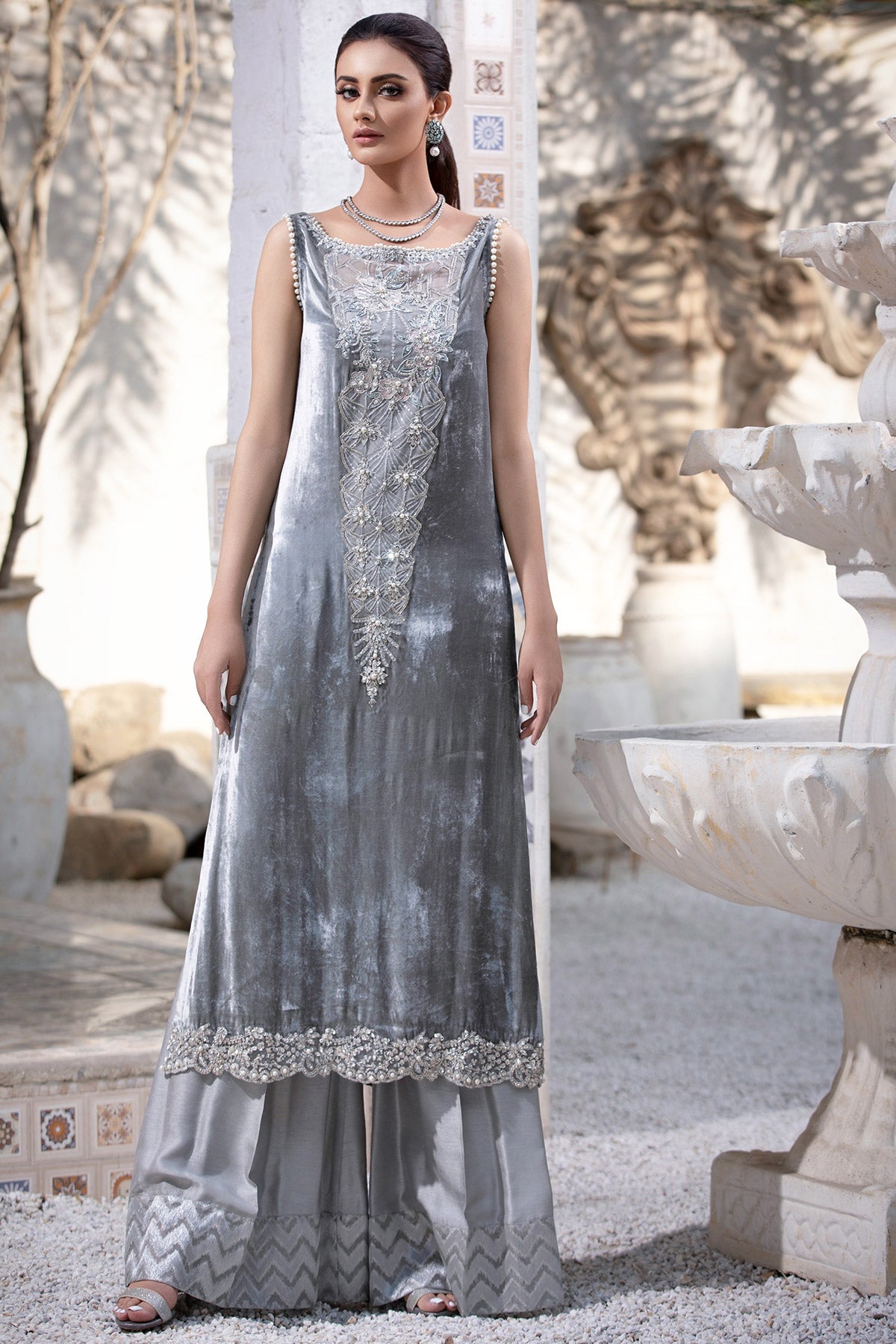Pakistani Grey Pearl & Crystal Velvet Shirt with Silk Pants (2-Piece) - Image 1