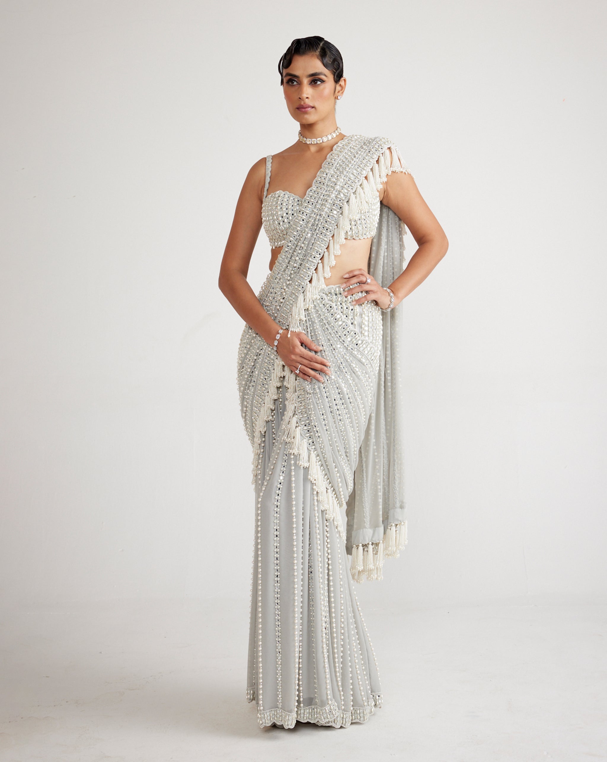 Indian Powder Grey Hand-Embroidered Georgette Saree (2-Piece) - Image 2
