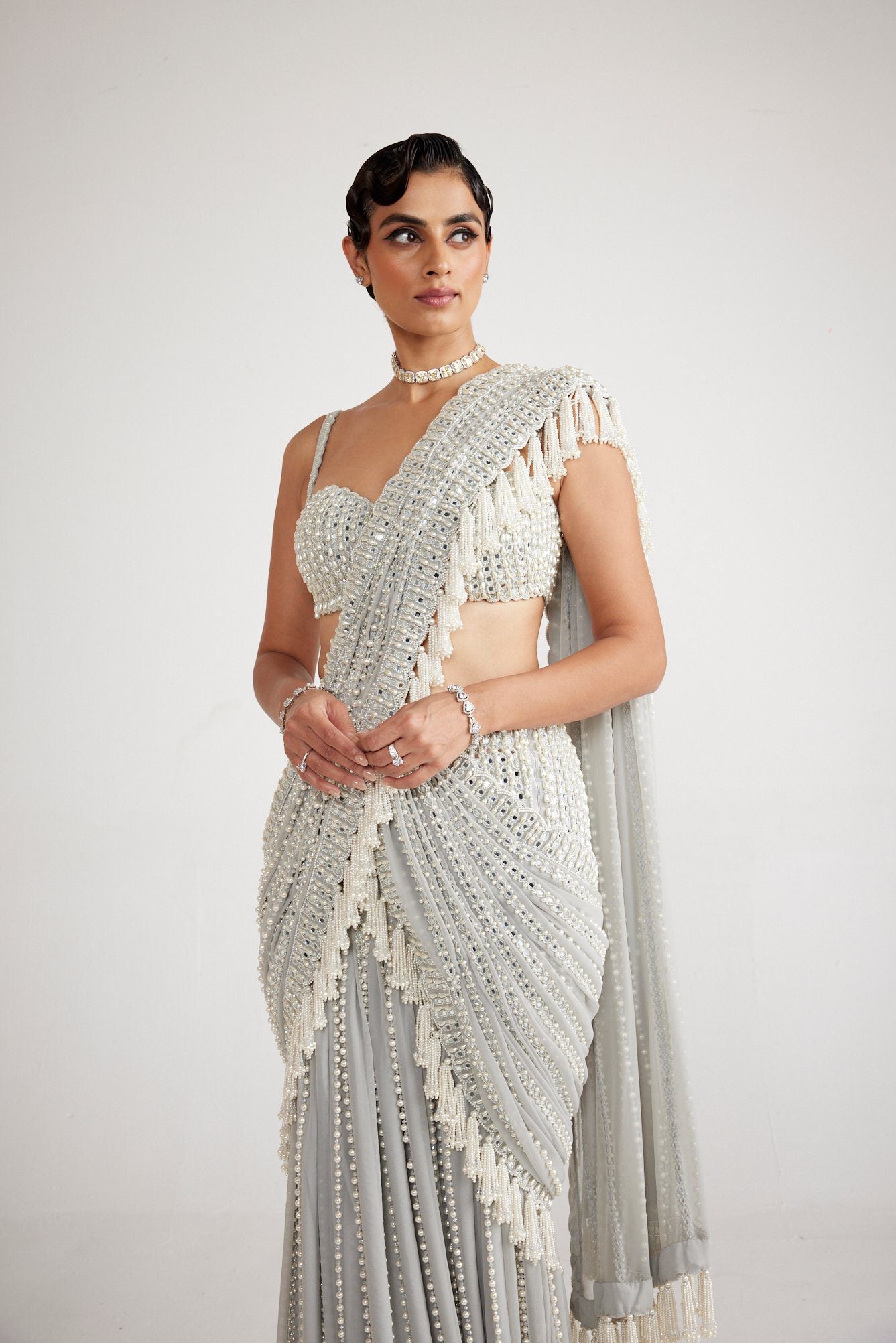 Indian Powder Grey Hand-Embroidered Georgette Saree (2-Piece) - Image 4