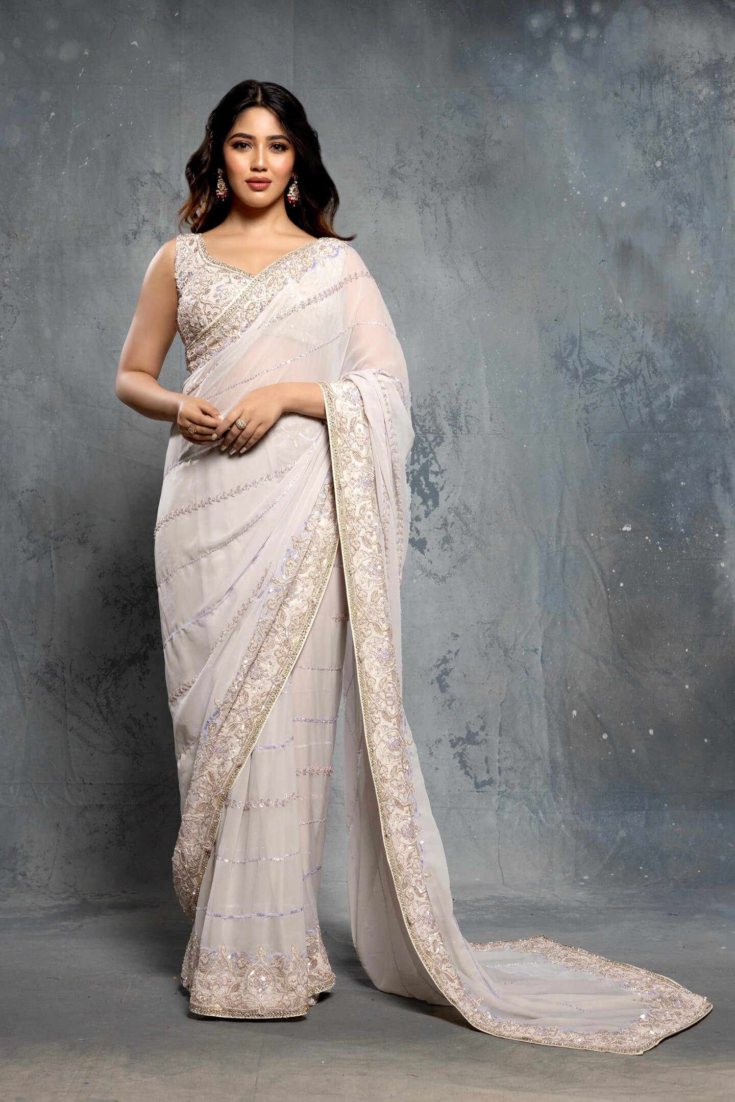 Dove Grey Embellished Georgette Saree (2-Piece) - Image 1