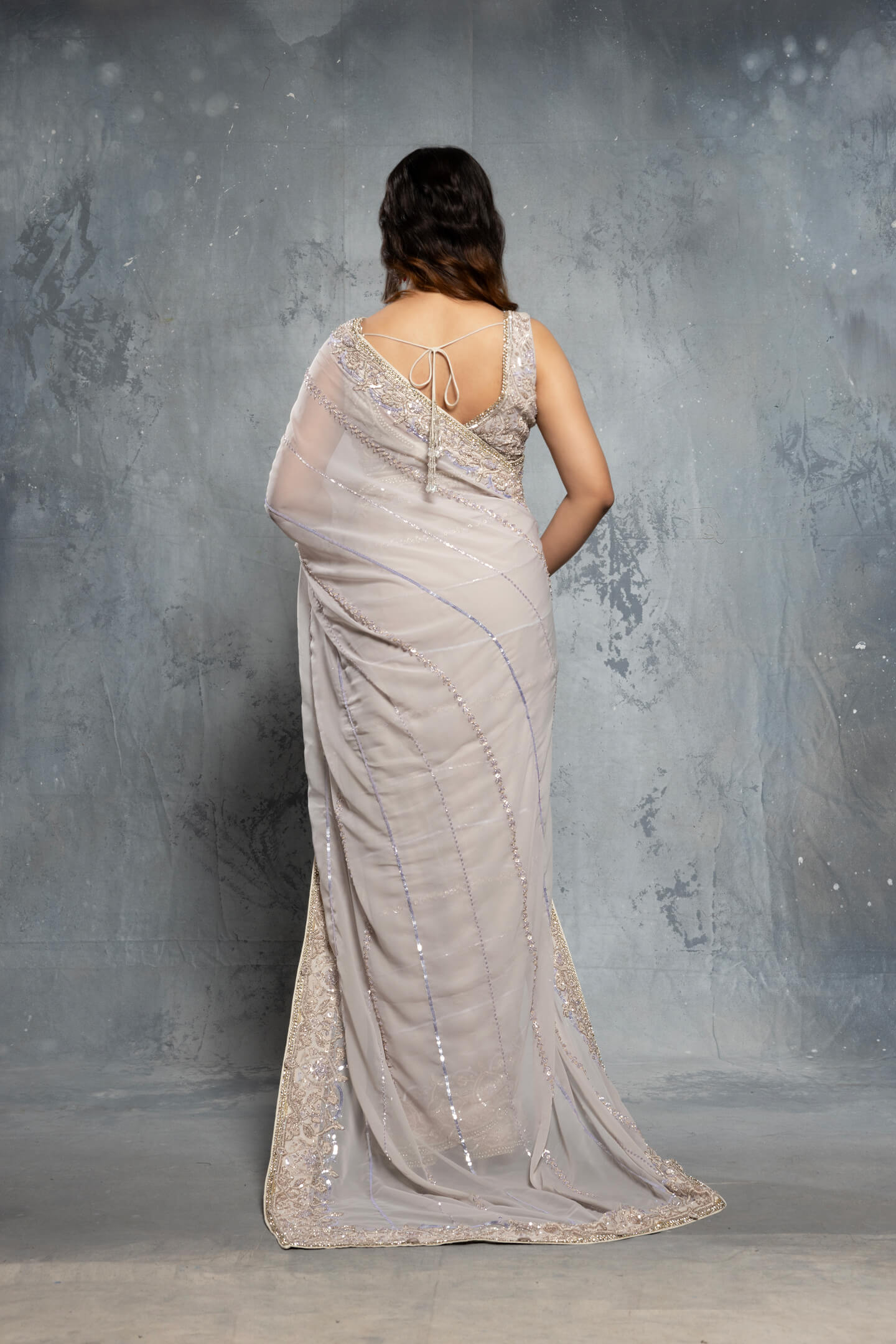 Dove Grey Embellished Georgette Saree (2-Piece) - Image 2