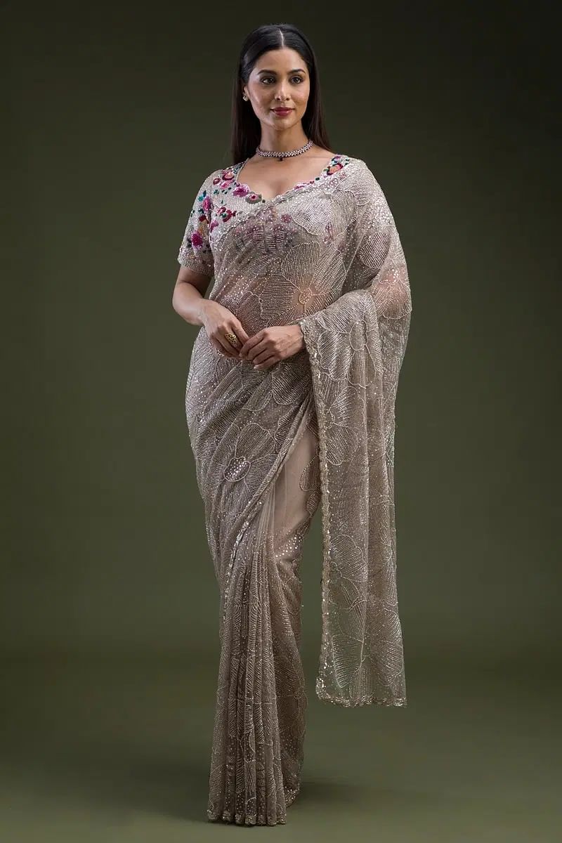 Grey Beaded Net Saree with Readymade Blouse (2-Piece) - Image 1