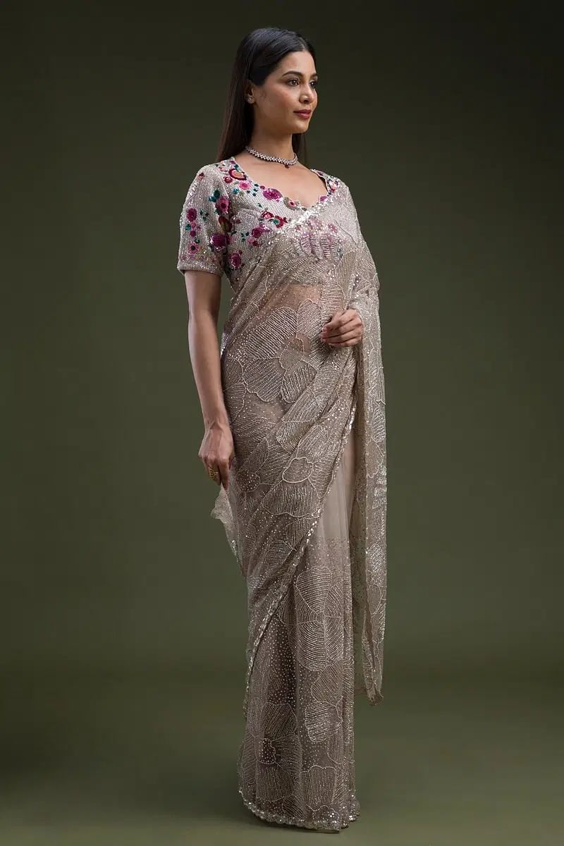 Grey Beaded Net Saree with Readymade Blouse (2-Piece) - Image 3
