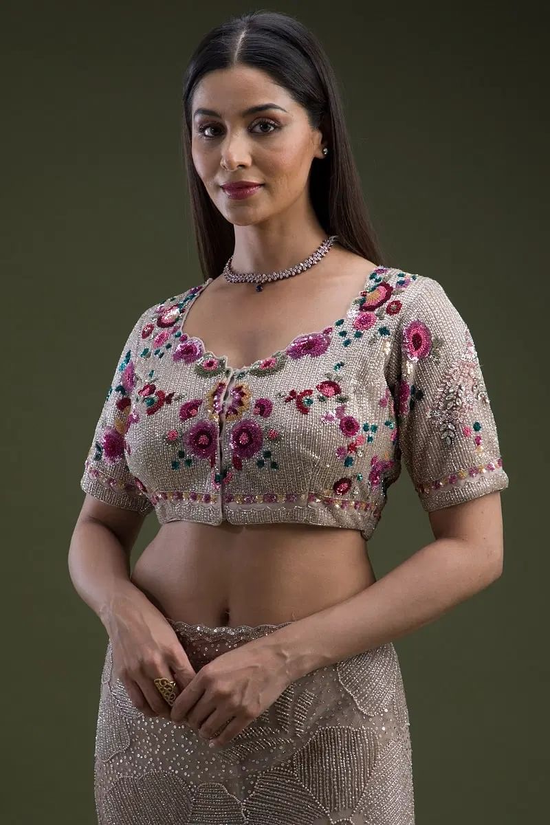 Grey Beaded Net Saree with Readymade Blouse (2-Piece) - Image 4