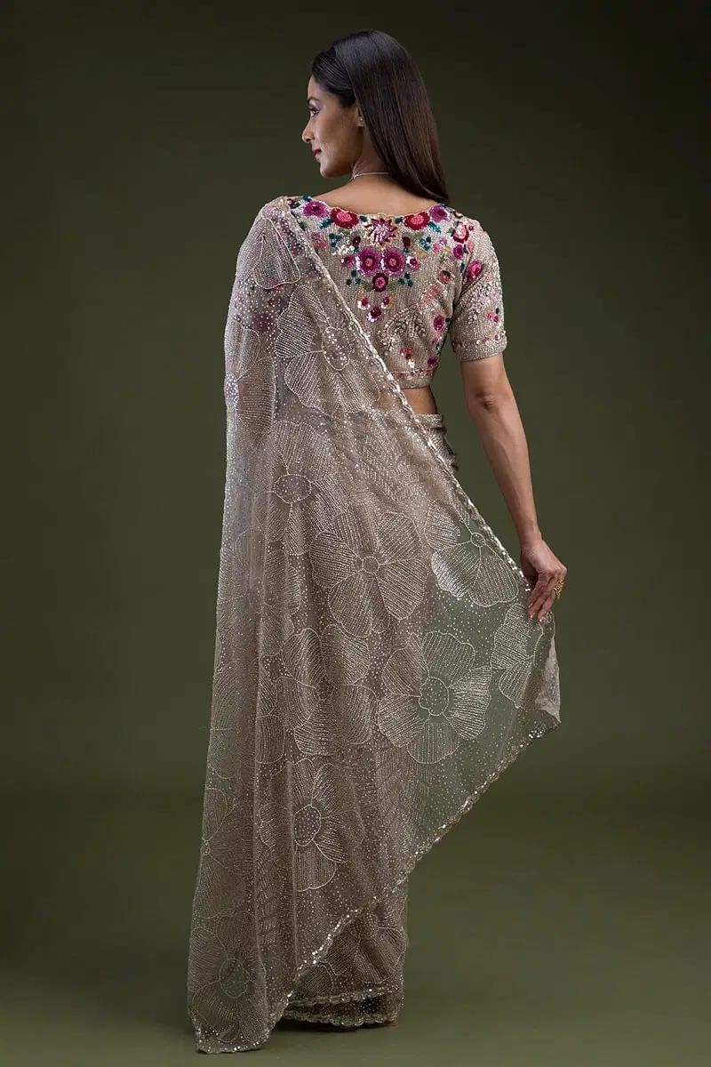 Grey Beaded Net Saree with Readymade Blouse (2-Piece) - Image 5