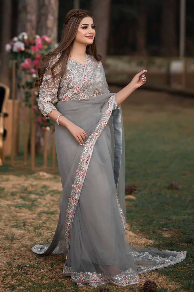 Grey Embroidered Net Saree (3-Piece) - Image 1