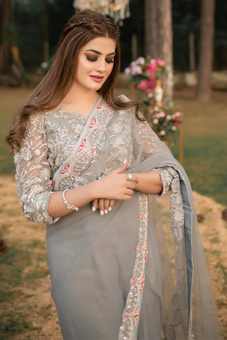 Grey Embroidered Net Saree (3-Piece) - Image 5