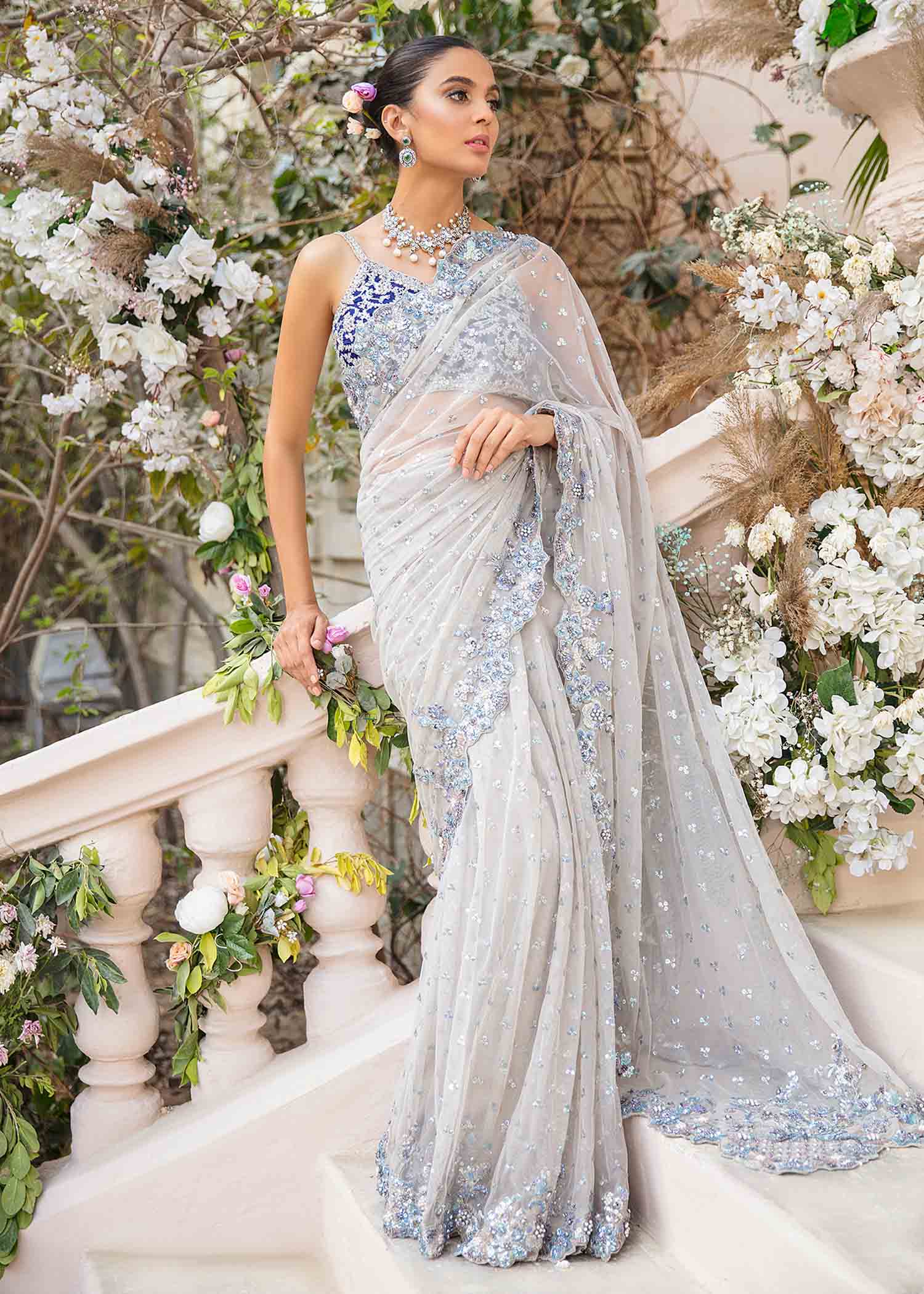 Dove Grey Sequin Embroidered Net Saree (2-Piece) - Image 1
