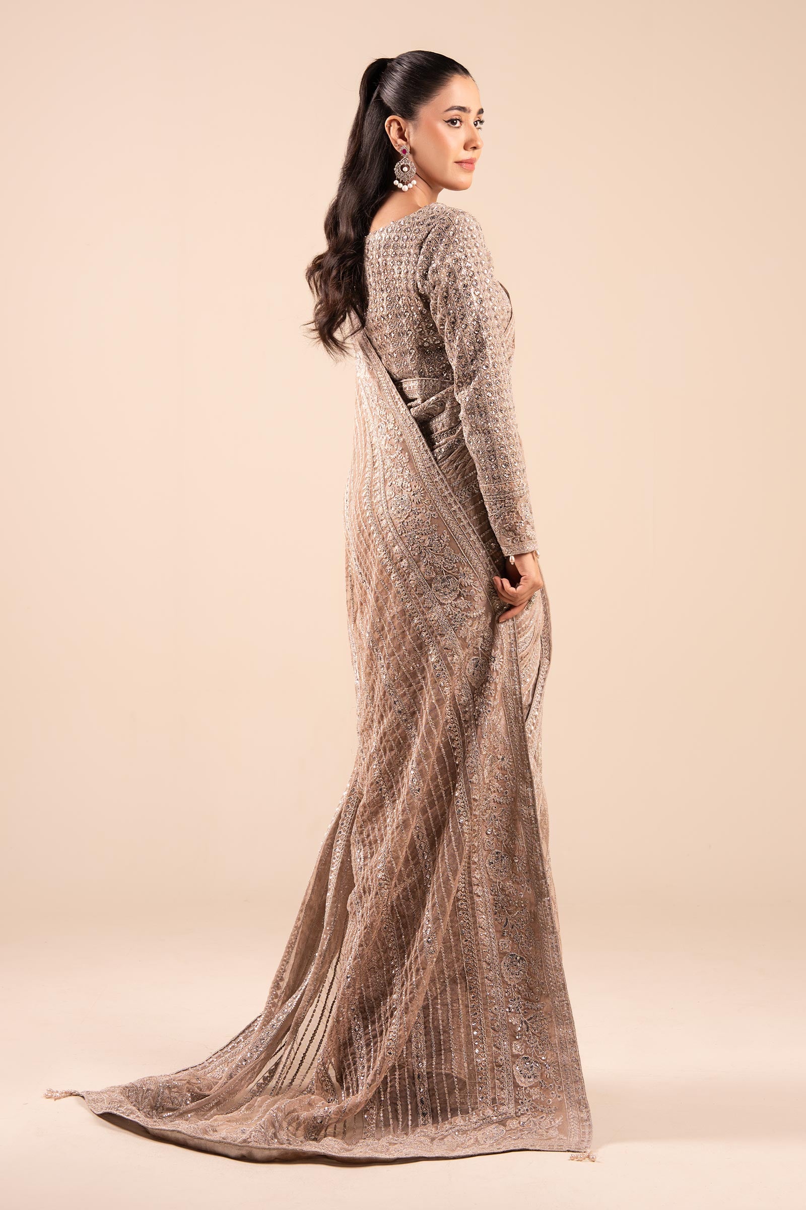 Grey Skin Embroidered Net Saree (3-Piece) - Image 6