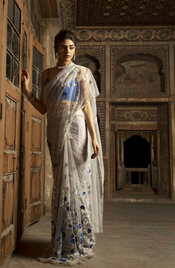 Pakistani Pale Grey Silver Filigree Net Saree (3-Piece) - Image 1