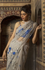 Pakistani Pale Grey Silver Filigree Net Saree (3-Piece) - Image 3
