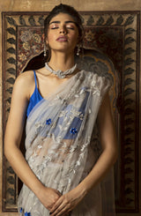 Pakistani Pale Grey Silver Filigree Net Saree (3-Piece) - Image 6