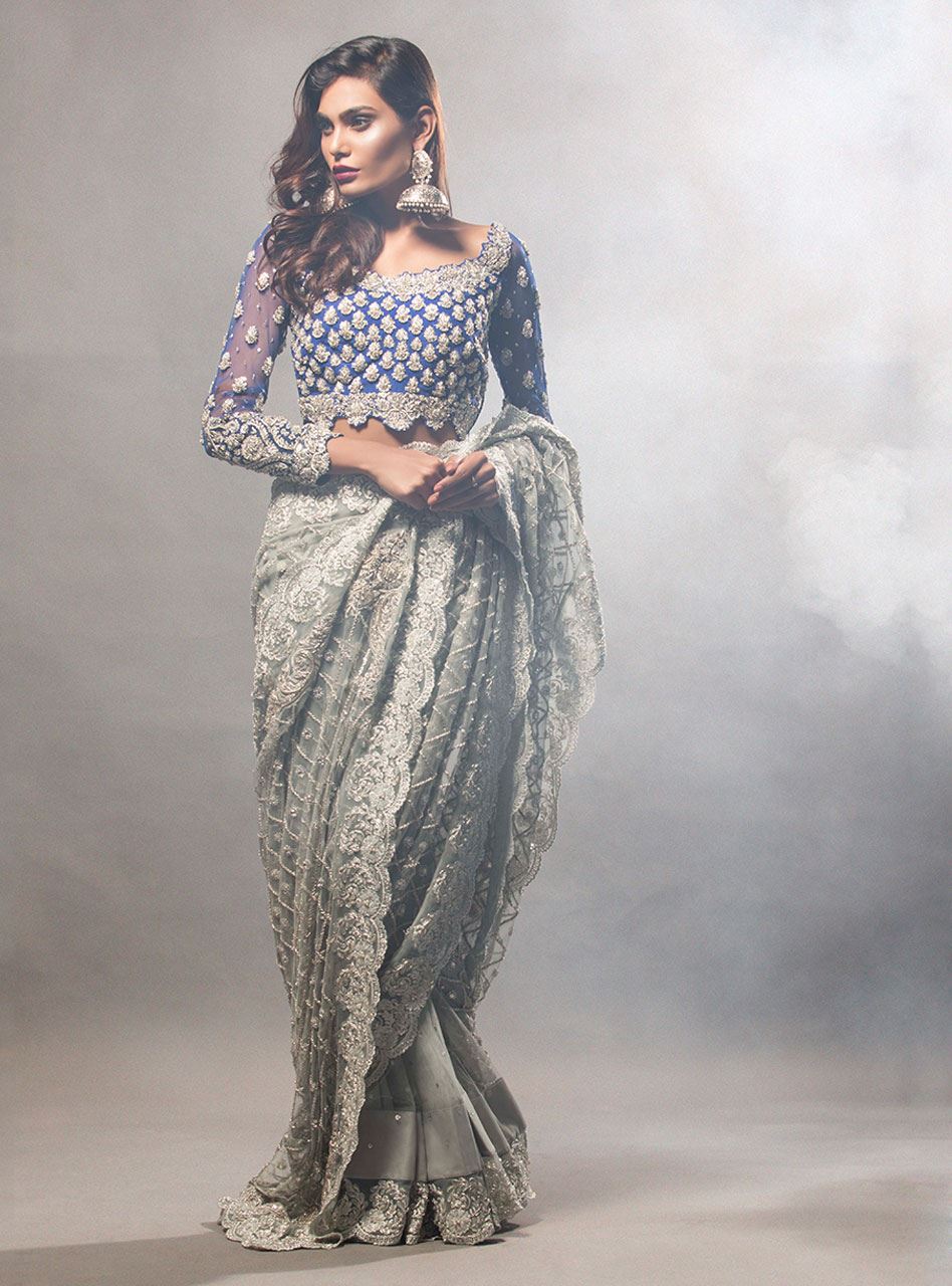 Ash Grey Embellished Net Saree (2-Piece) - Image 1