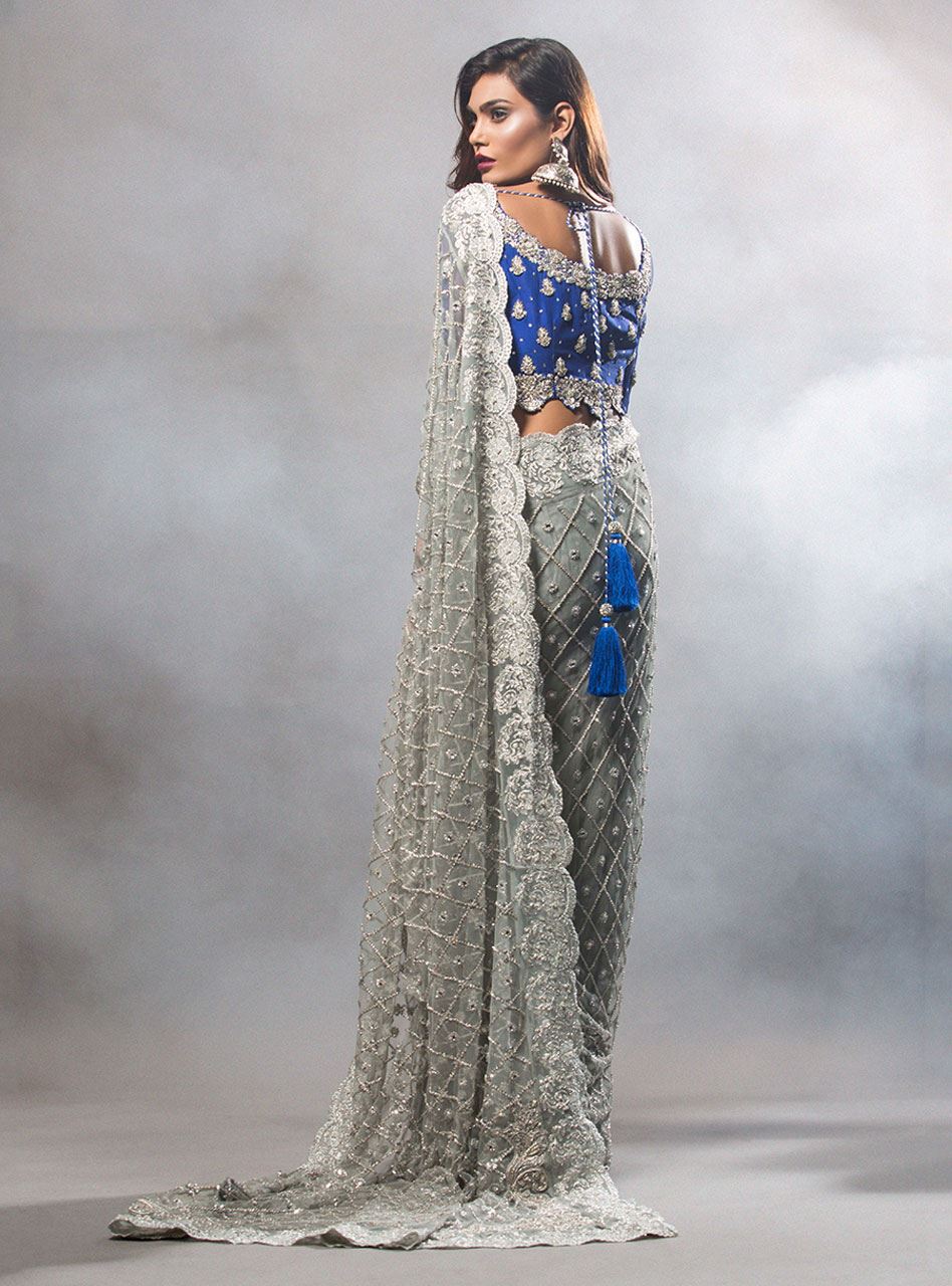 Ash Grey Embellished Net Saree (2-Piece) - Image 2