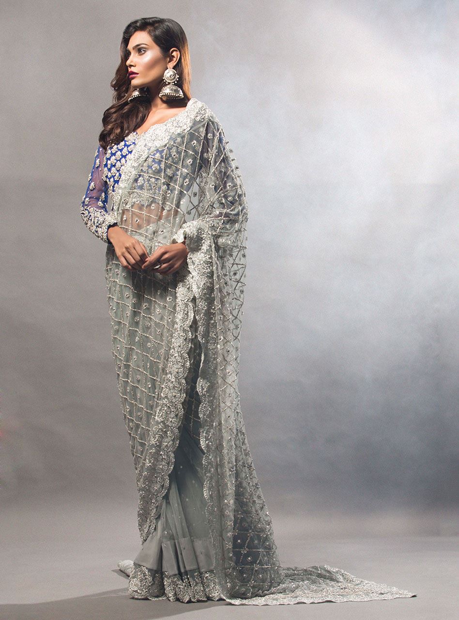 Ash Grey Embellished Net Saree (2-Piece) - Image 3