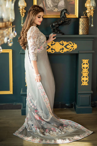 Grey Embroidered Net Saree (3-Piece) - Image 4