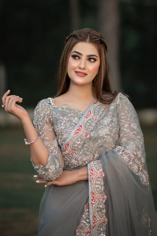 Grey Embroidered Net Saree (3-Piece) - Image 6